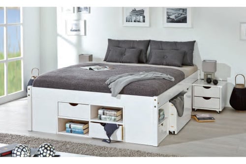Massief houten bed in Wit of Natuur met laden en nachtkastje