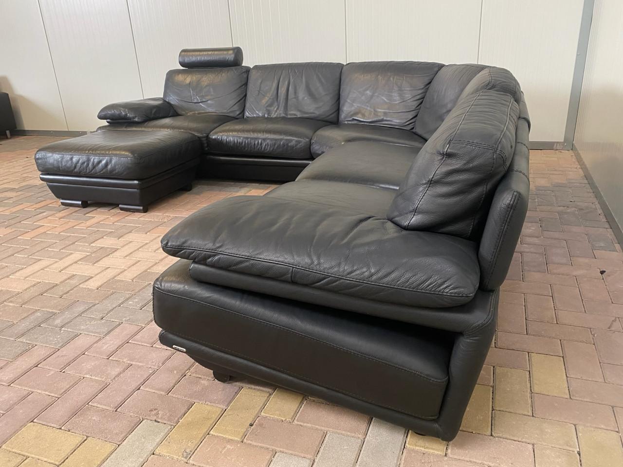 GRATIS LEVERING HEEL NL Natuzzi Zwart Echt Leer Hoekbank met Hocker