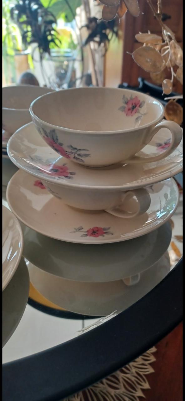 Vintage: Set van 5 kopjes en schotels en melkkannetje