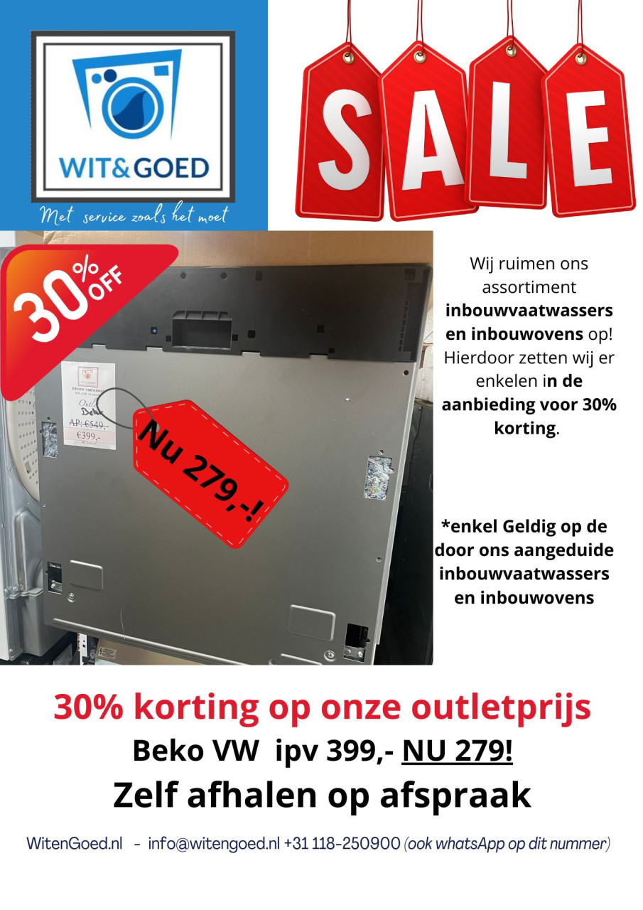 ACTIE -30% Op is Op Inbouwvaatwassers (outlet/nieuw)