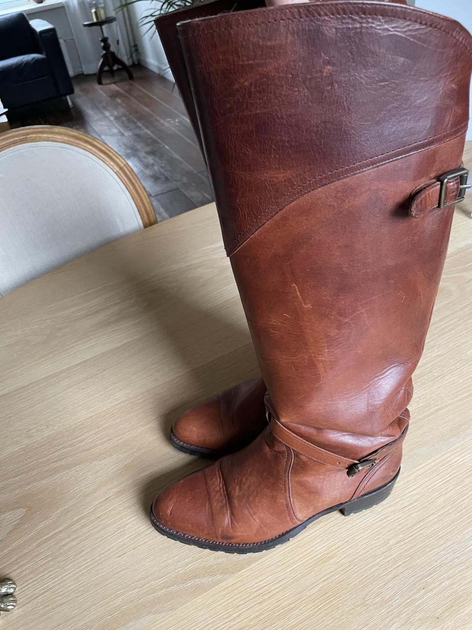 Cognac leren Frye boots met konijnenbont, maat 39