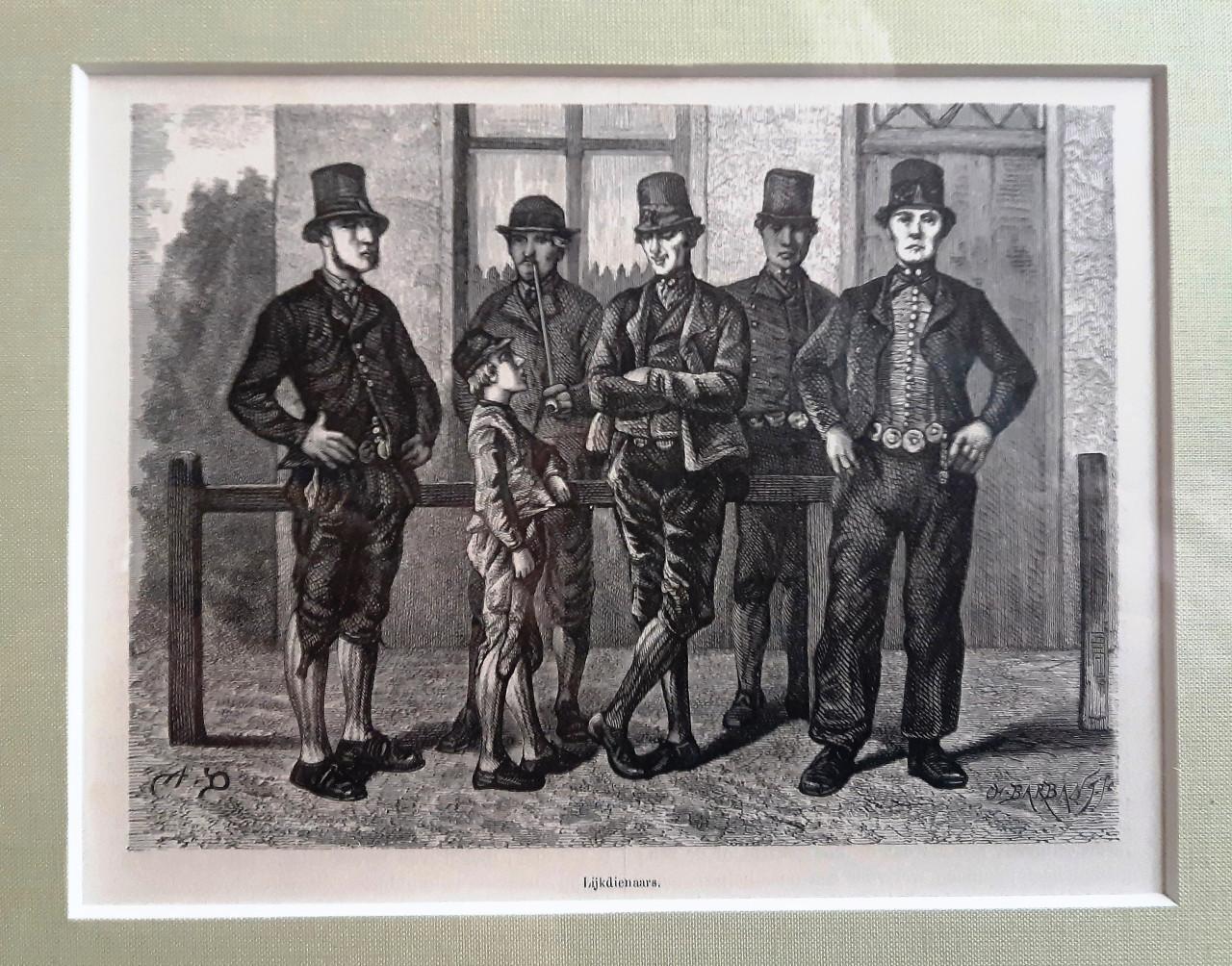 Zeeland klederdracht originele houtgravure 1875, uitvaartverzorgers