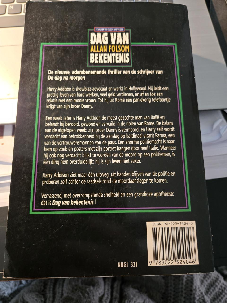 Boek 'Dag van bekentenis'  van Allan Folsom. 3e Druk september 1998  .