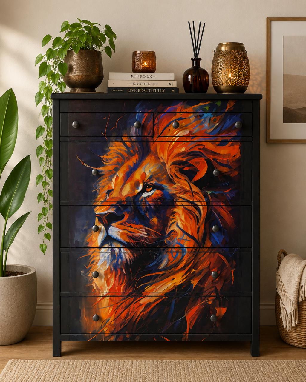 Unieke Ladekast met leeuw decoupage