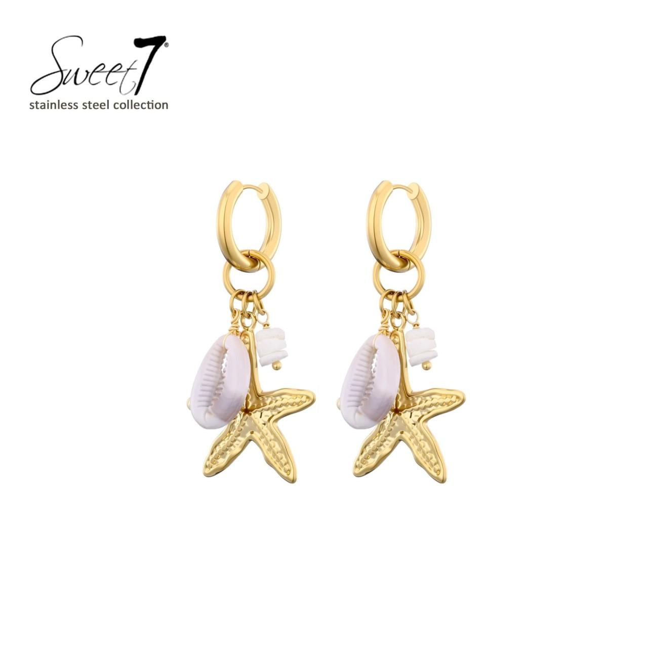 Goudkleurige 0orbellen met schelp, zeester en fijne kralen