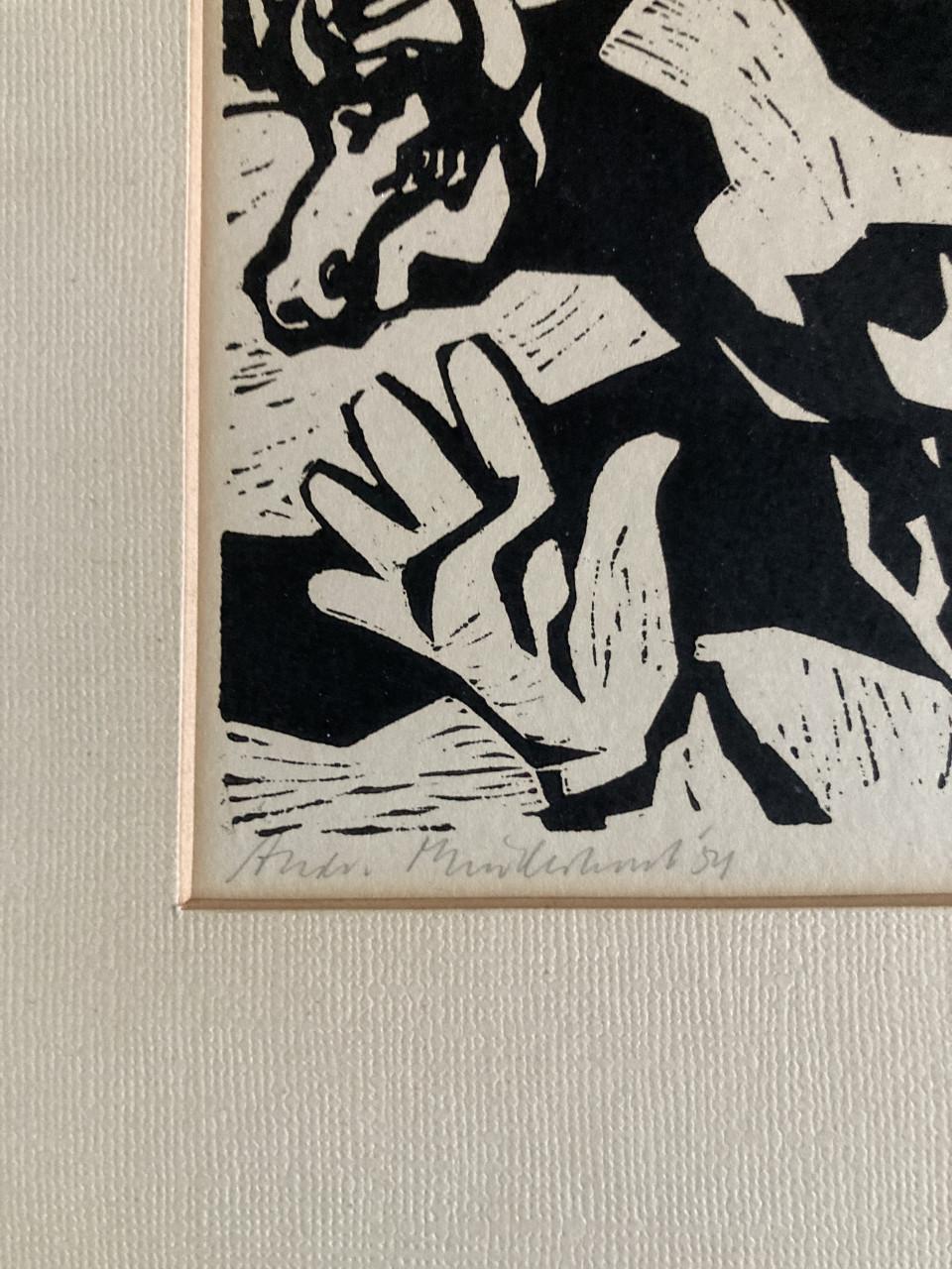 Houtdruk van Andries Minderhout het stierenrennen in het Spaanse Pamplona