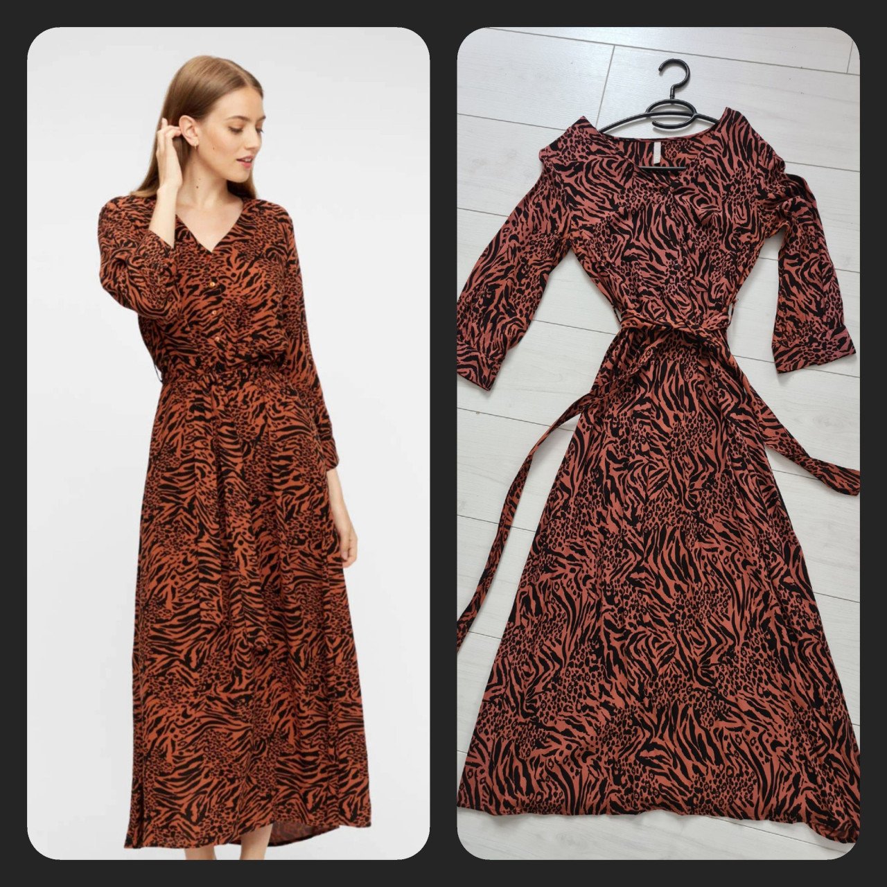 Roest bruin / zwart  maxi jurk van Pieces  Maat M