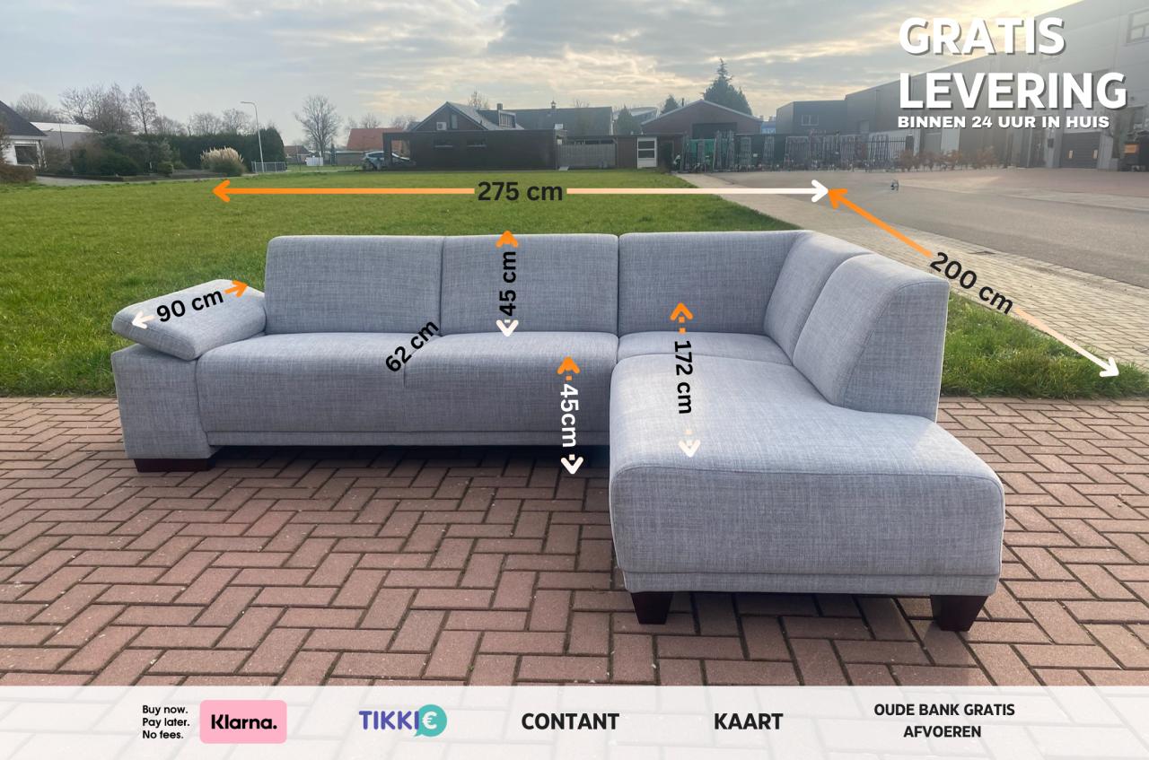 Mooie Grijze Stoffen Hoekbank- Moderne Lounge Zit-Gratis Levering