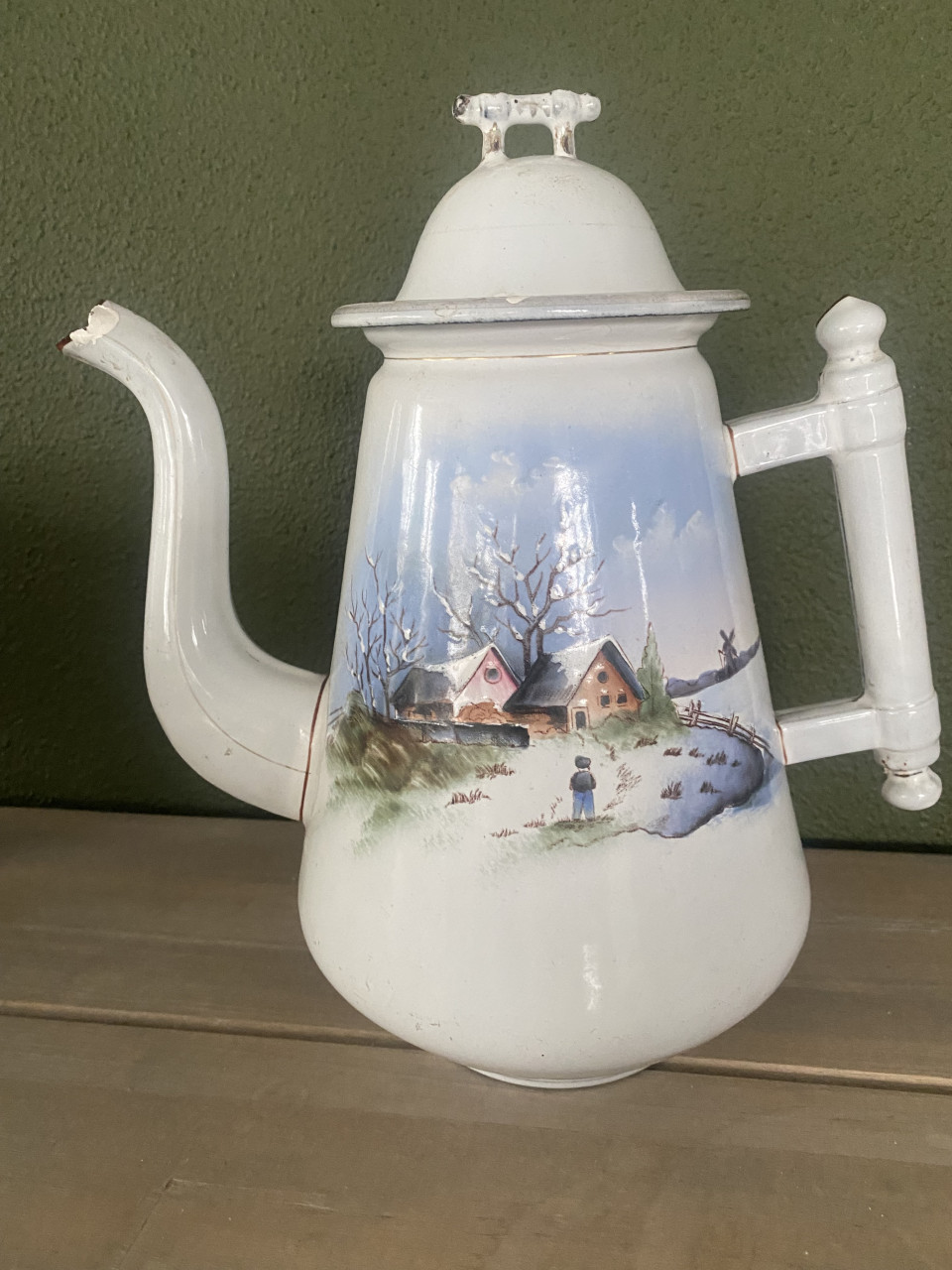 Emaille koffie-en theepot met wintervoorstelling