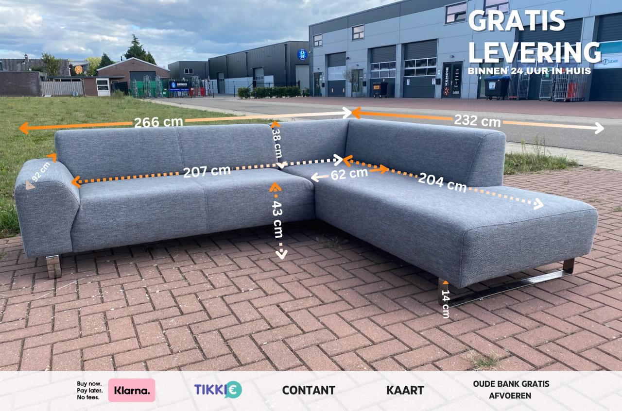 Moderne grijze stoffen hoekbank–Diep comfort–Ruime lounge–Gratis levering