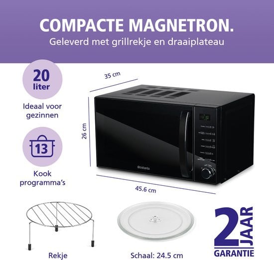 Brabantia BBEK1145DG Magnetron Grillfunctie 13 automatische kookprogramma’s