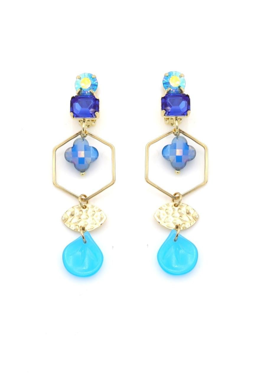 Oorclips blauw met bedels en goudkleurig accenten