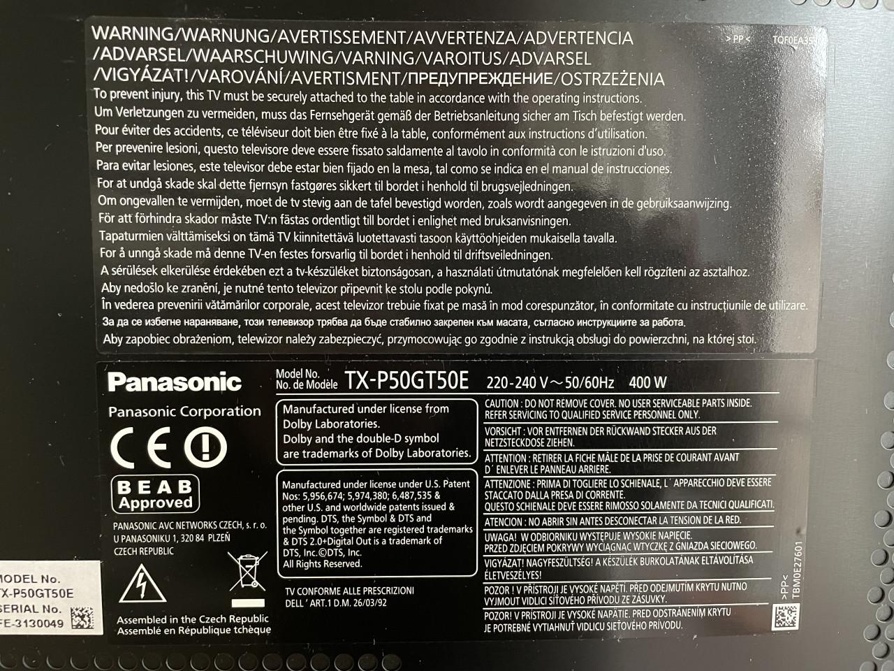 Te koop: Panasonic TX-P50GT50E 50 inch  plasma tv.