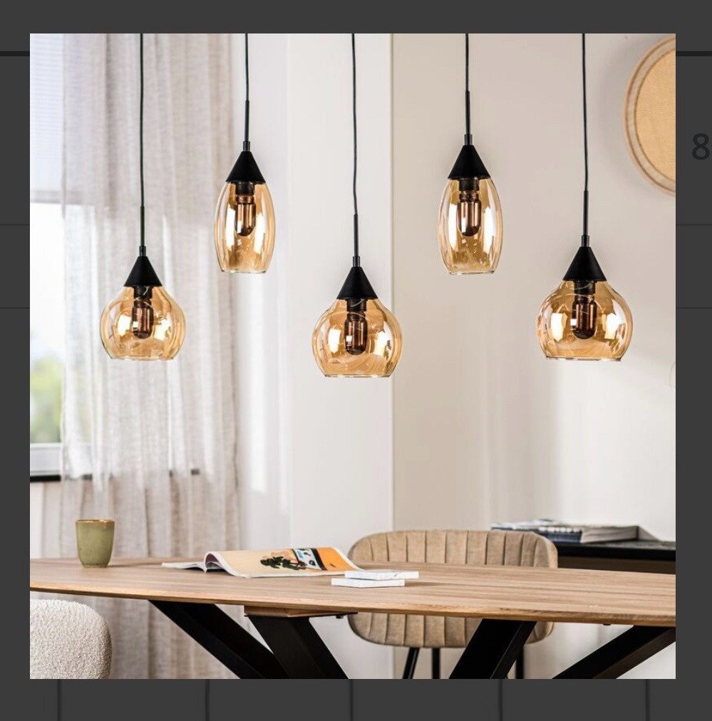 📦 Te koop: Hanglamp “Lungo”5-lichts met amberkleurig glas-NIEUW in doos