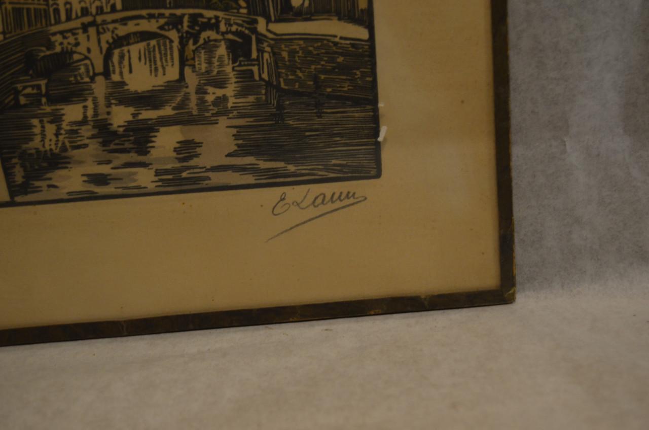 4 Etsjes gesign. ' E. Laun ' (?) dorps / stadsgezichten