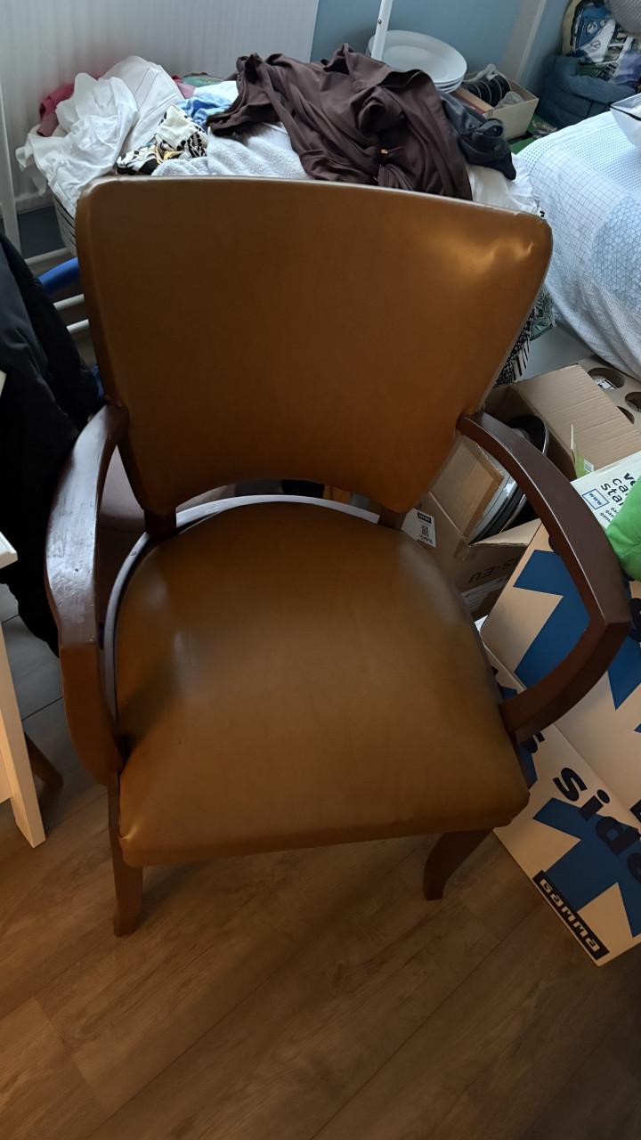Vintage fauteuil/stoel cognac leer/hout