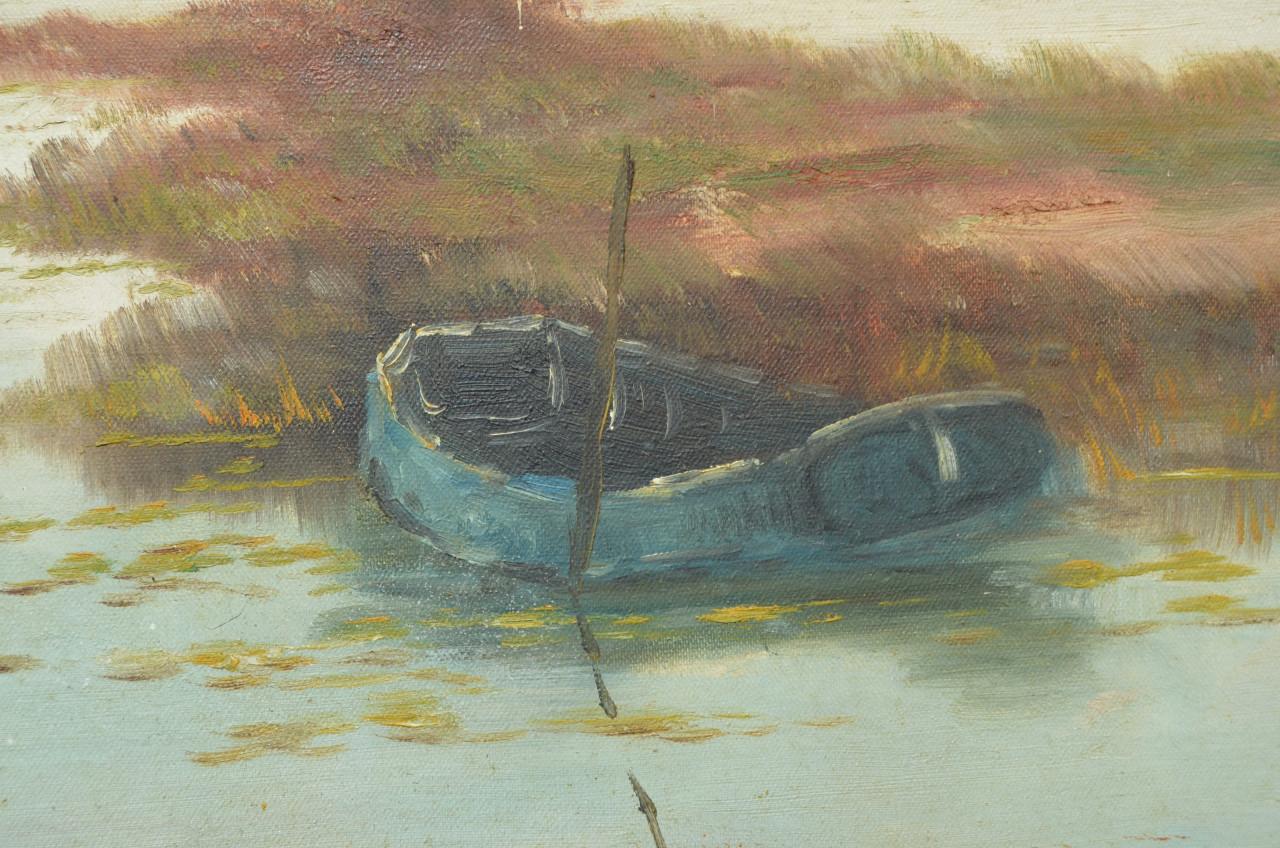 Een bootje in rivierlandschap, gesigneerd