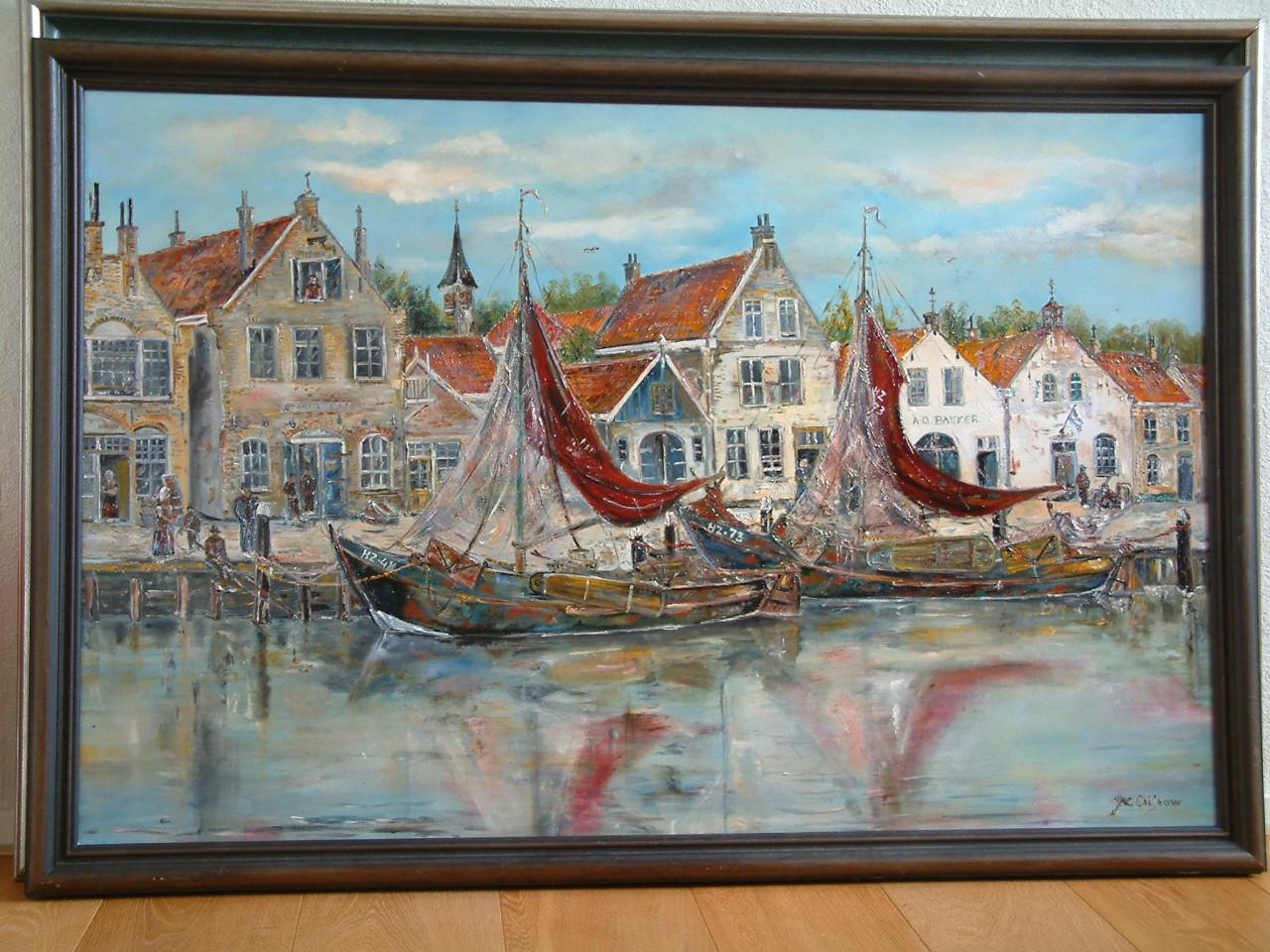 Zuiderzee botters in de haven   140 x 80 cm  olie verf  Jac Caljouw