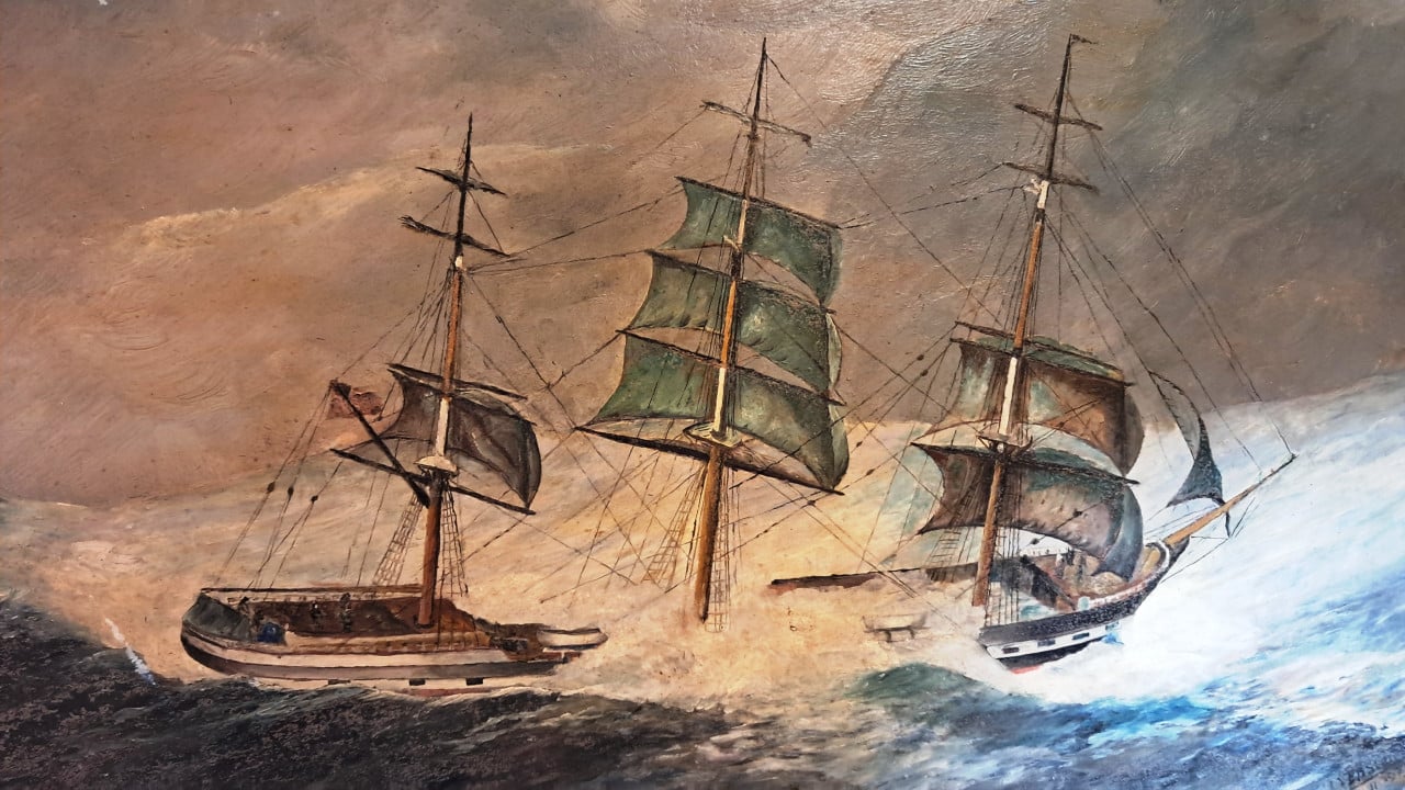 Schilderij schip in storm