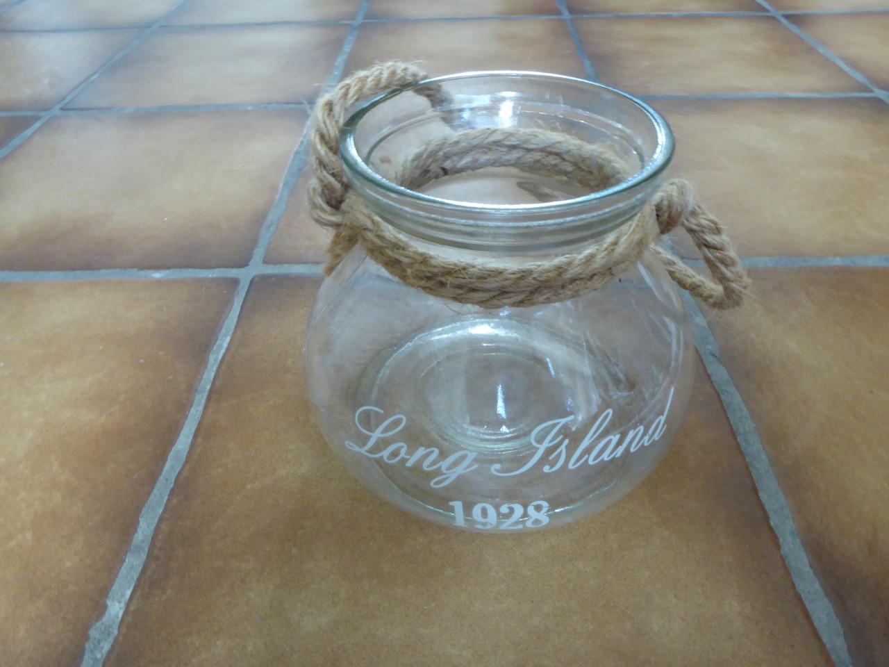Leuke glazen pot/vaas met touw aan bovenkant.