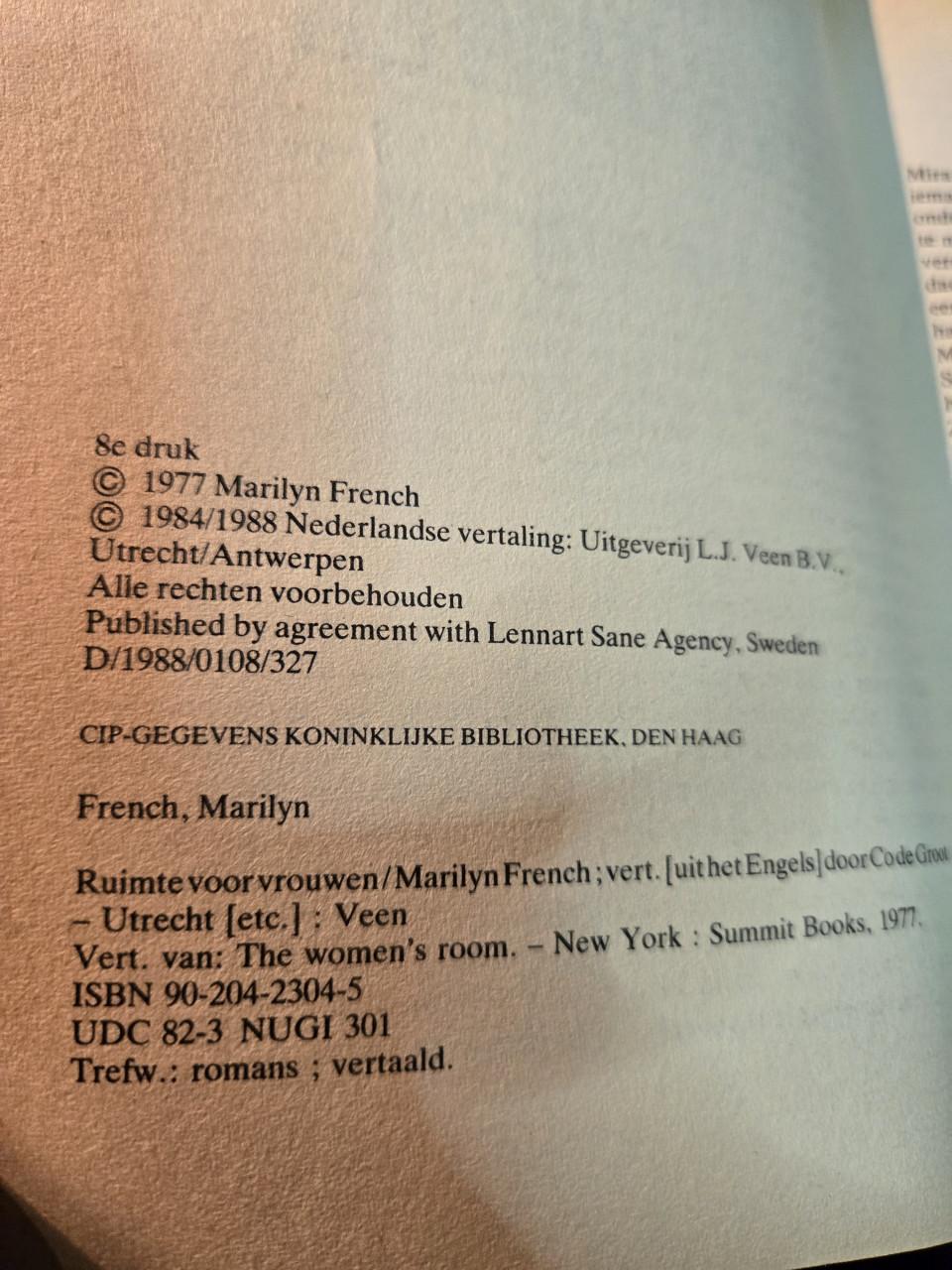 Boek: Ruimte voor vrouwen 1988 van  Marilyn French.