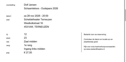2x kaartjes Dolf Jansen, 28 november Terneuzen