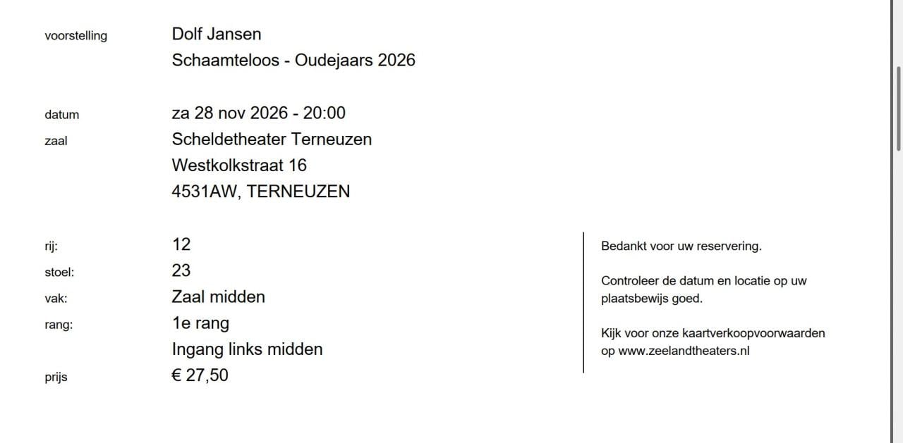 2x kaartjes Dolf Jansen, 28 november Terneuzen