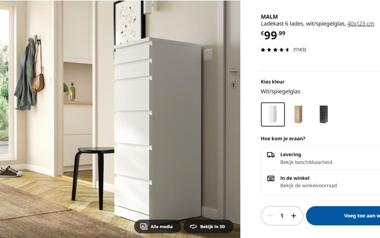 IKEA MALM ladekast – wit met spiegelglas (6 lades, 40x123 cm)