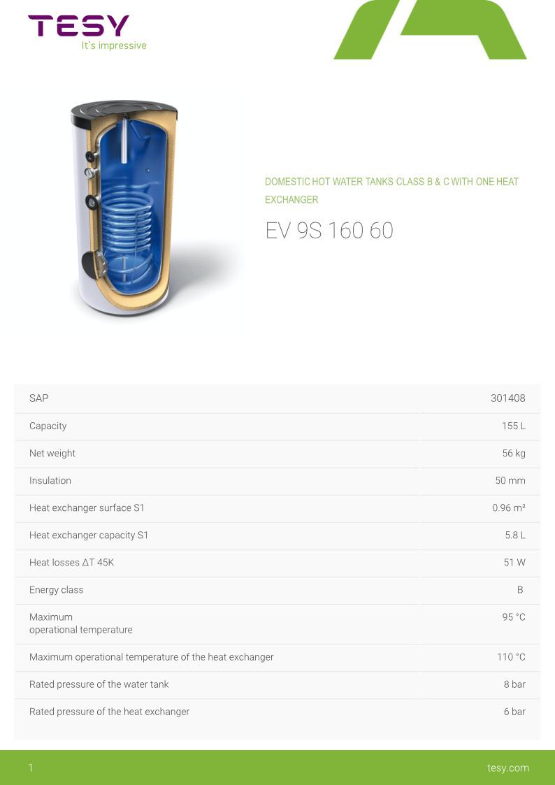 Tapwater vat met solar spiraal Tesy EV9S16060