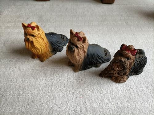 3 beeldjes honden, Yorkshire terriër van gips. Ongeveer 9 x 9 cm.
