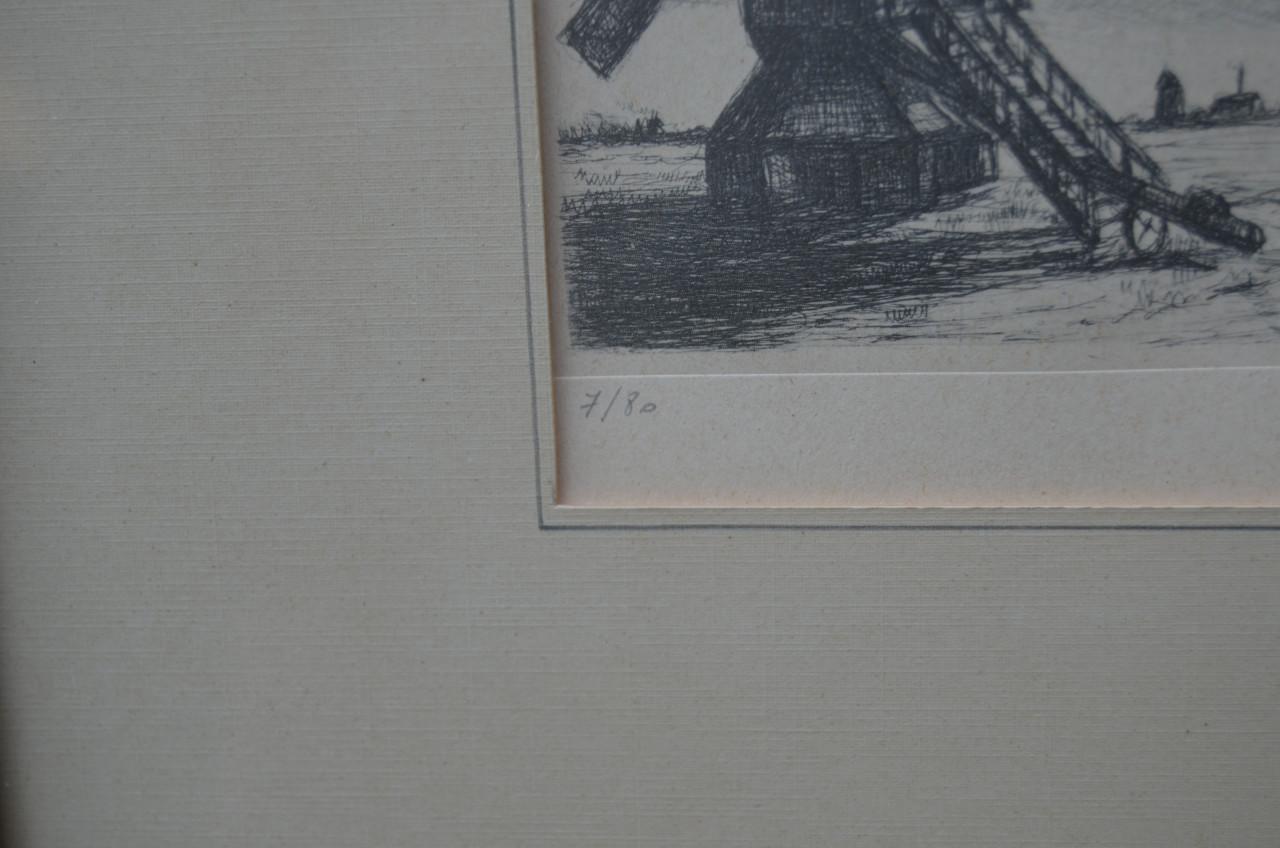 Ets molen in landschap. Genummerd 7/80 redelijke staat