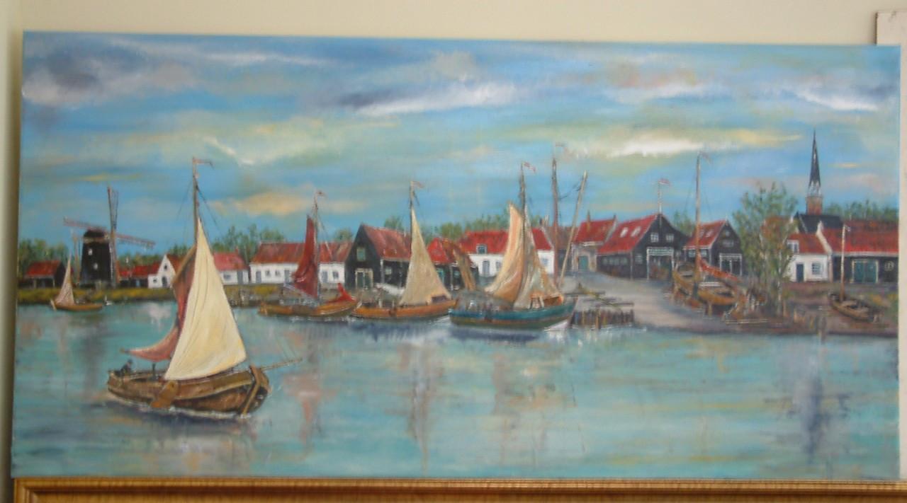 Schilderij van Arnemuiden  haven  120 x 60 cm olieverf   Jac Caljouw
