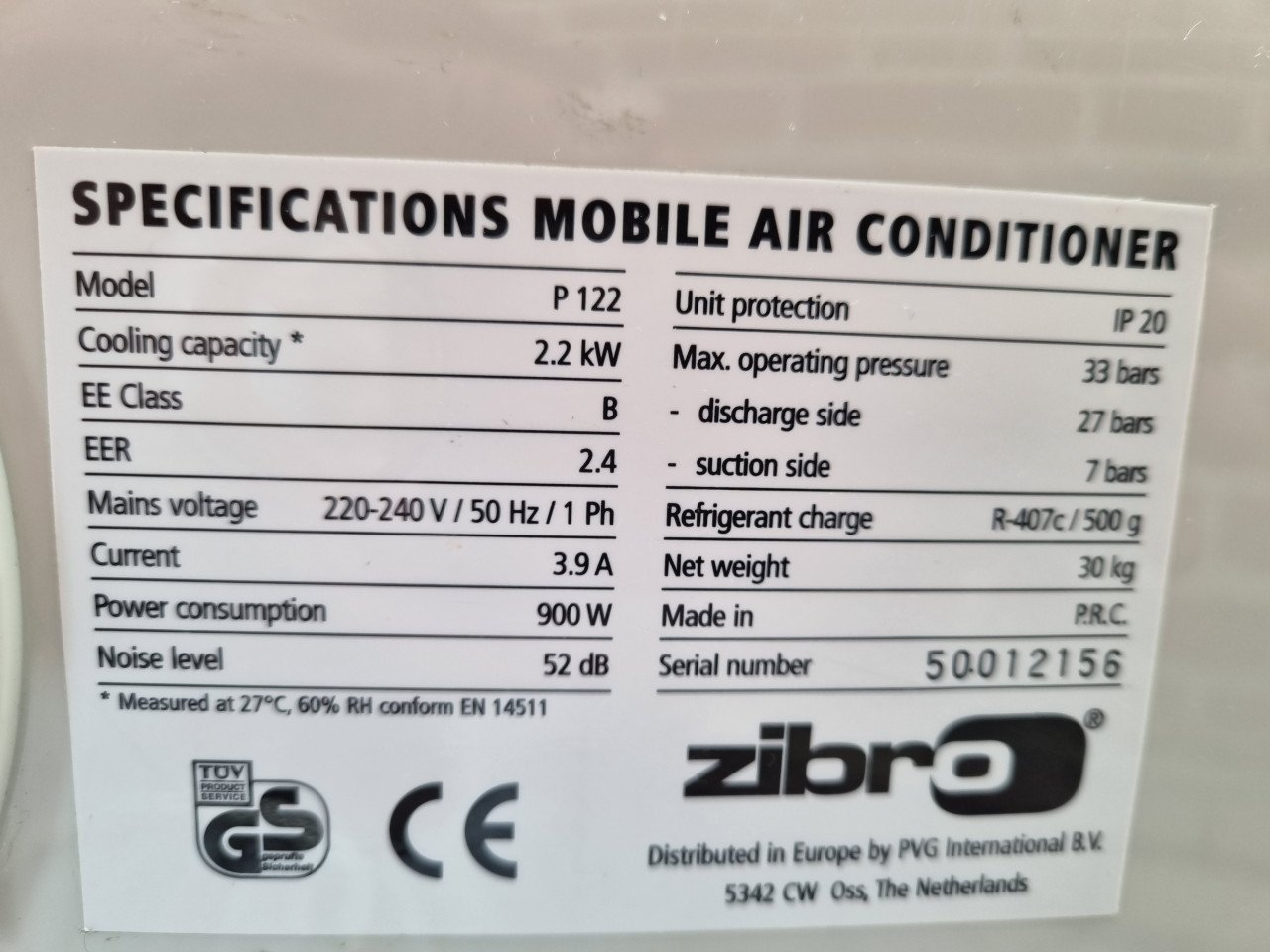 Mobiele airco Zibro P122 met lange afvoerslang