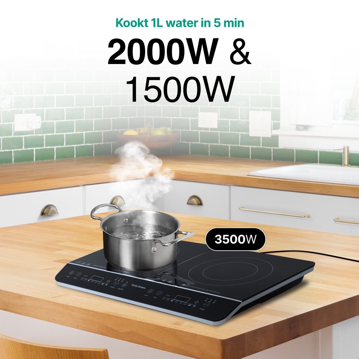 Inductie Kookplaat Vrijstaand 3500W 2 Kookzones 10 standen Vivid Green