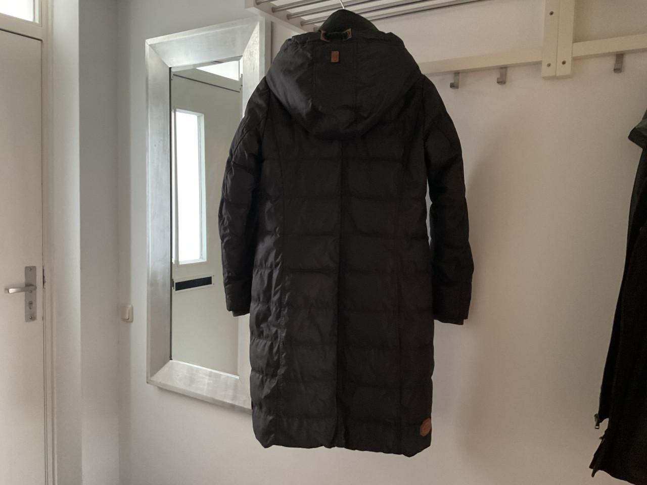 Zwarte Naketano lange dames winterjas met capuchon, mt 42/44, teddy voering