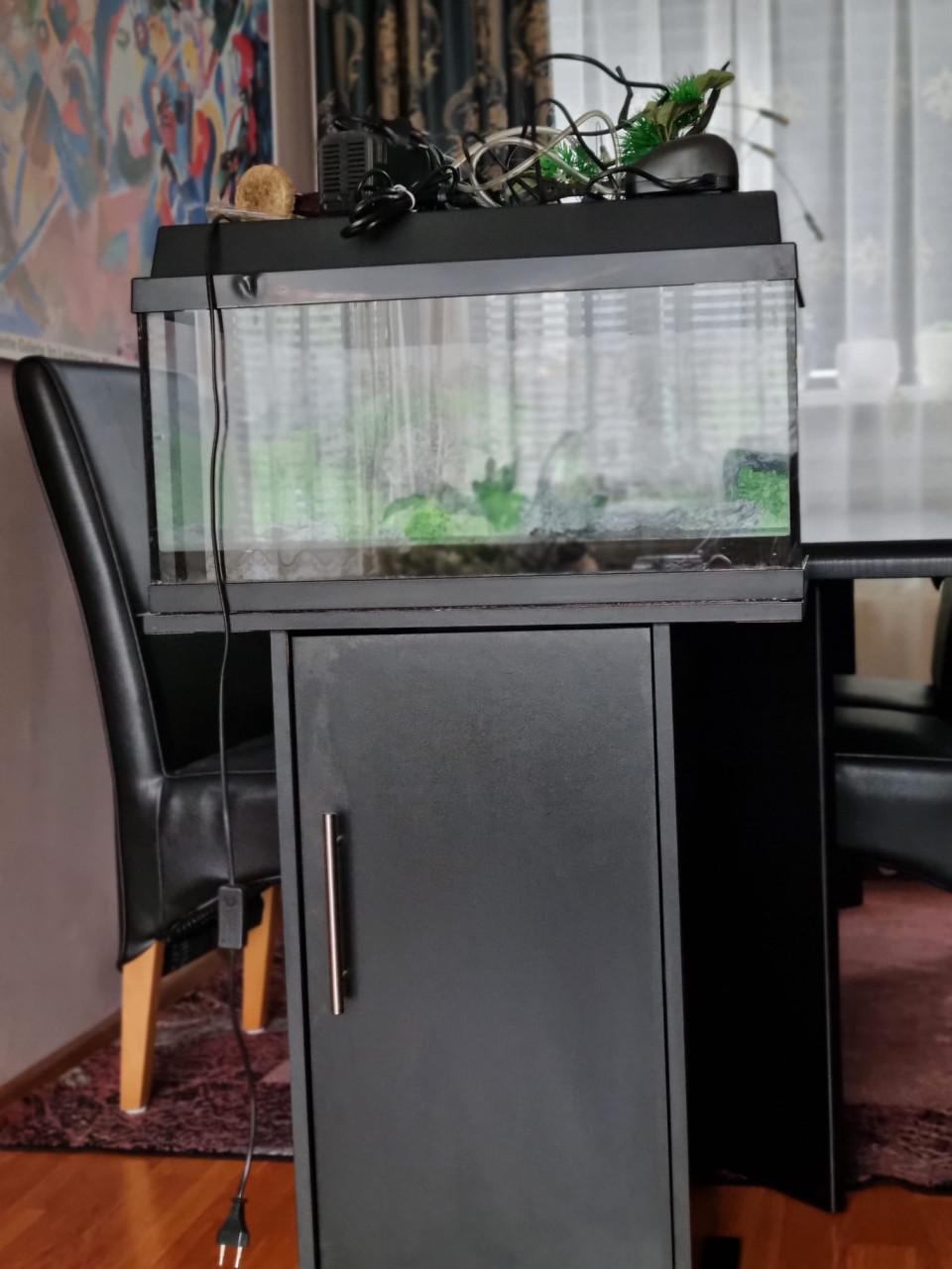 Aquarium met een kast en nog een klein Aquarium zonder kast.