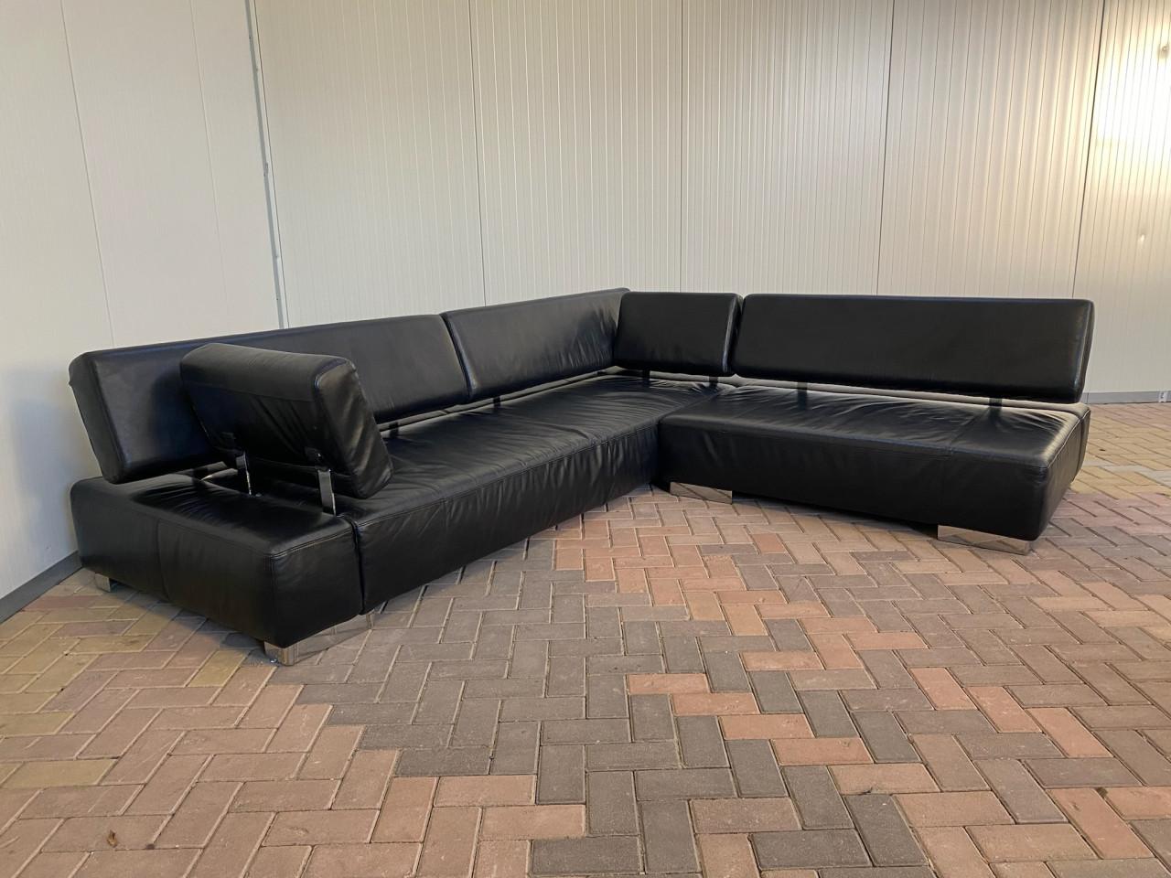 Brühl Zwarte Leren Design Hoekbank | Verstelbare Hoofd- en Armleuningen