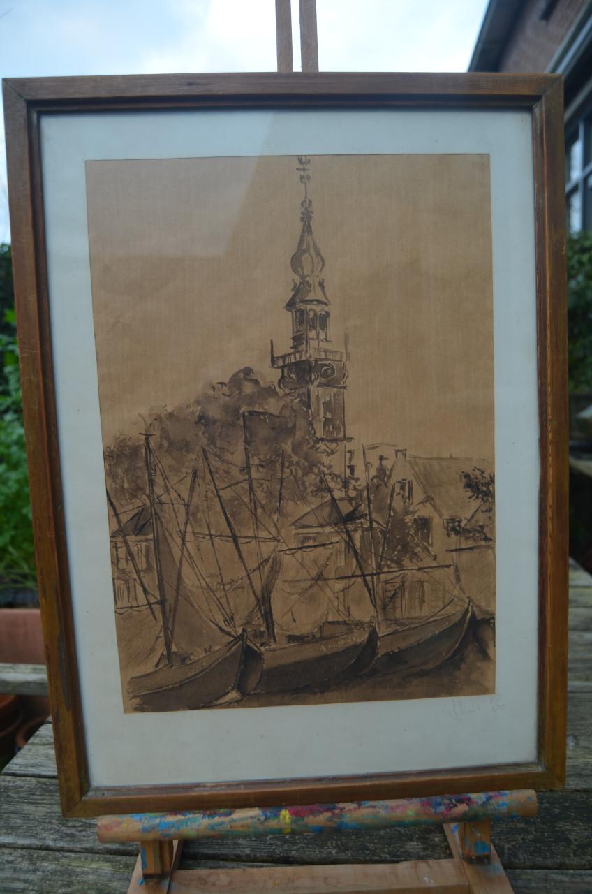 Aquarel Vissersboten/Stadhuis Veere gesign. gedat.