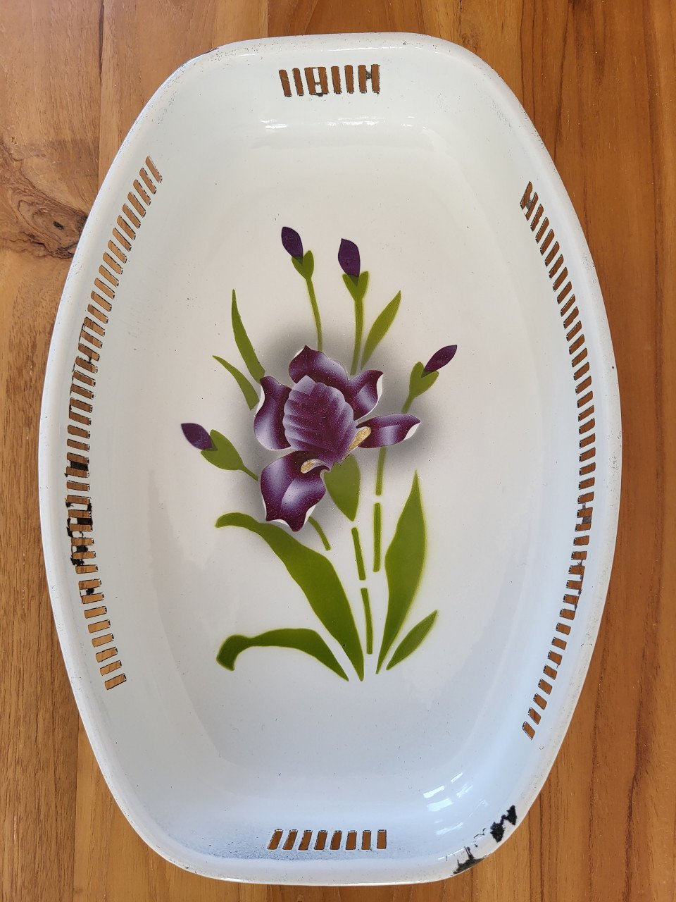 Brocante emaille schaal broodschaal broodmand iris
