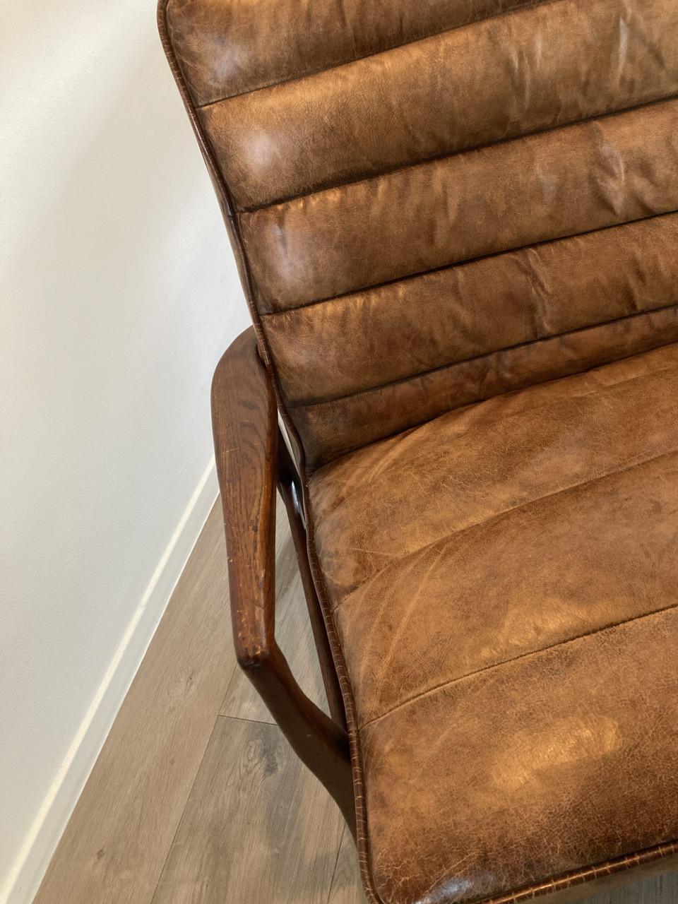 2 zits eikenhouten bankje met bruin leer