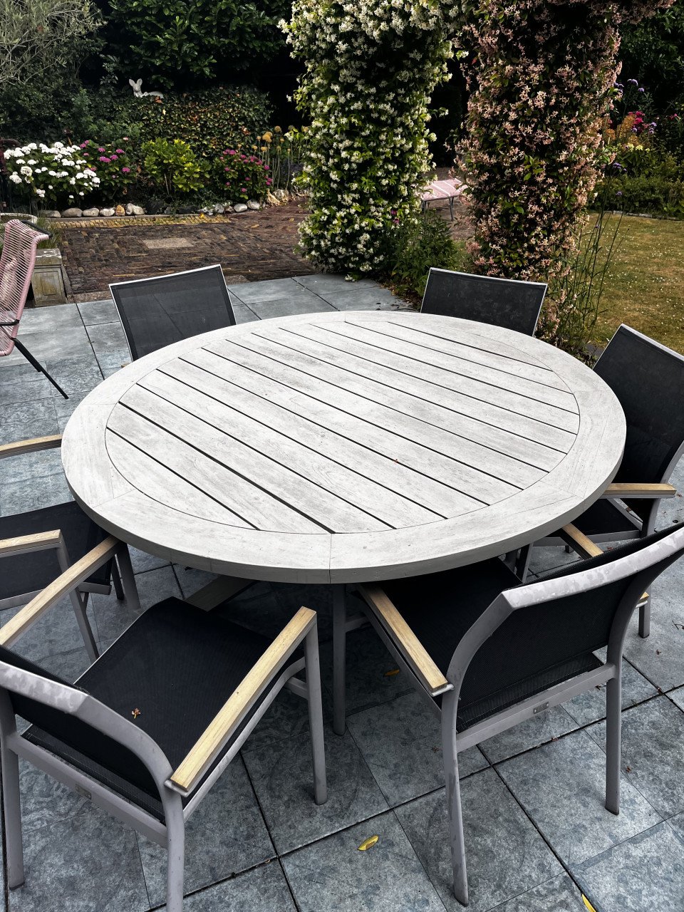 Ronde Tuintafel, teak, greywash, 160 cm!