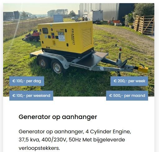 Verhuur Grondverzetmachines, generator en aanhangwagens