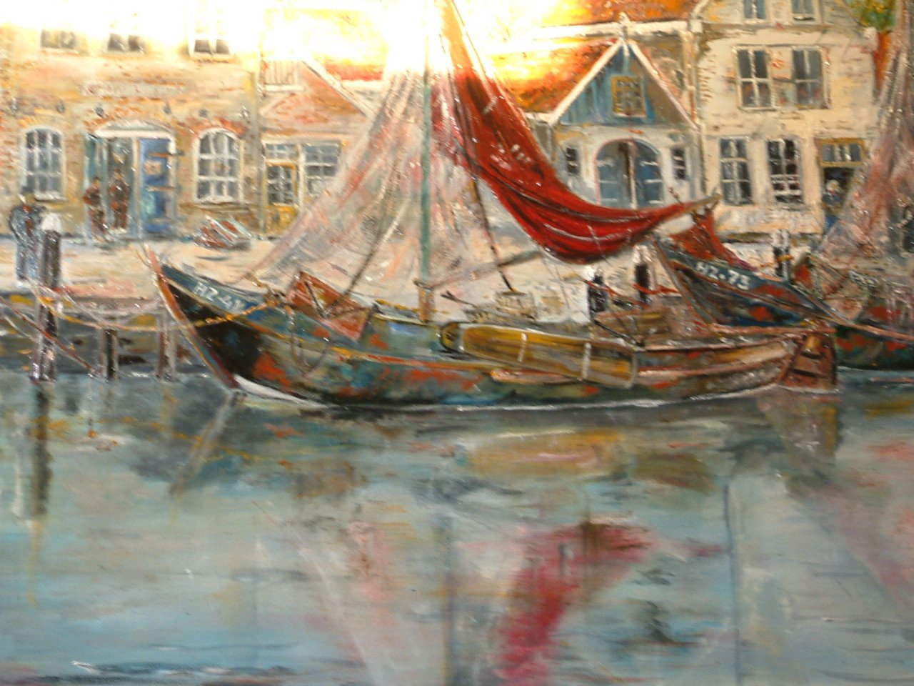 Olie verf 120 x 80 cm  Zuiderzee botters en Veere  met botter