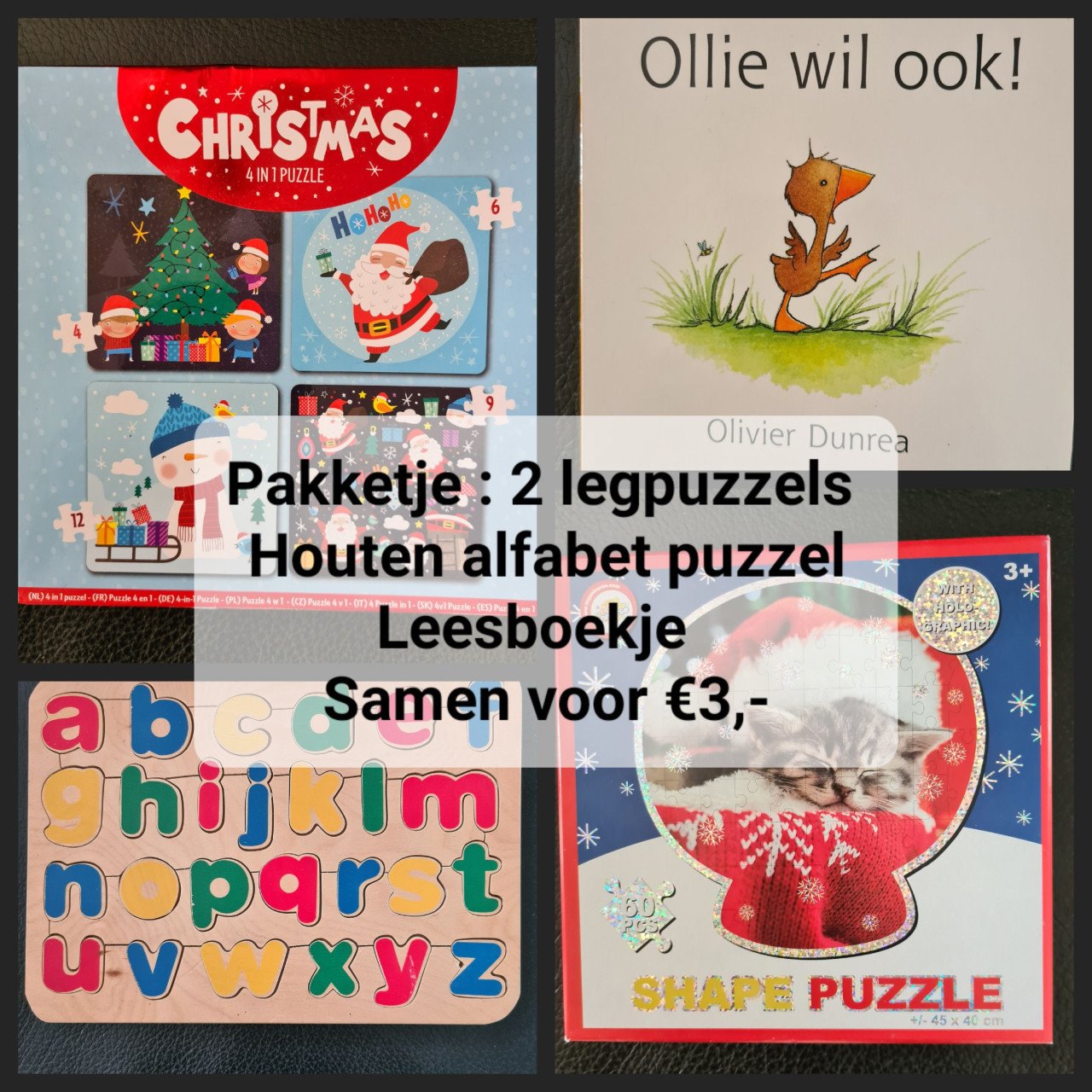 Pakketje : 2 legpuzzels,  1 houten puzzel, leesboekje Samen €3,-