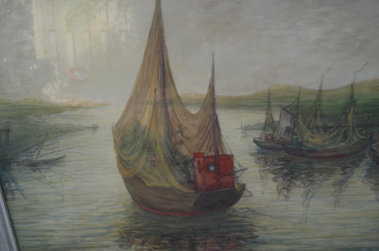 Groot schilderij Vissersscheepjes in goede staat Theo Idserda