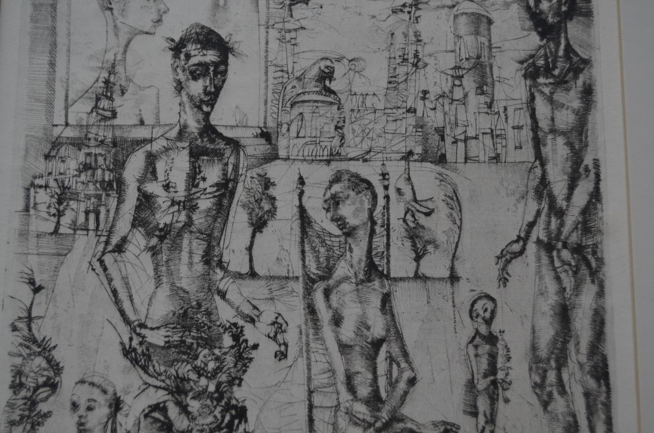 Ets/grafiek uitgemergelde mensen gesig. Jansen + 2 schetsen