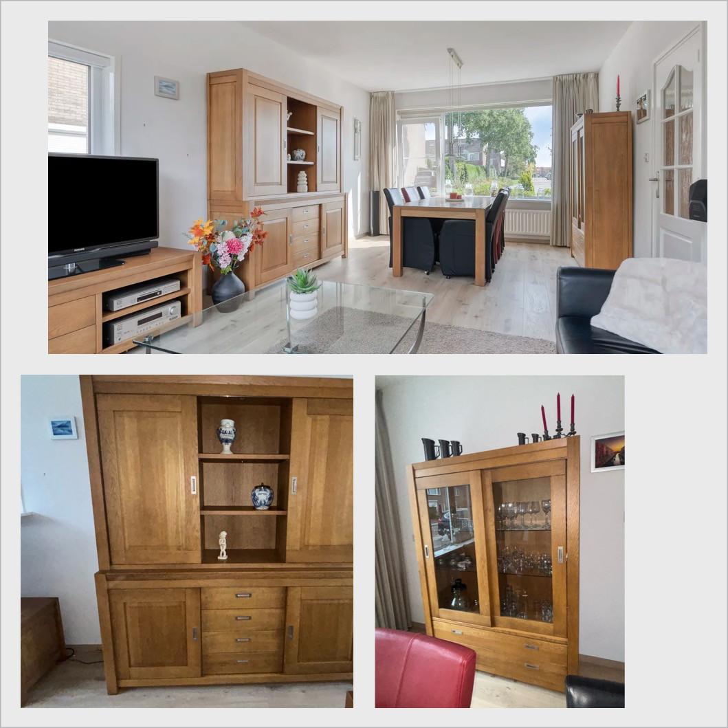 Inboedel: bank salontafel tv-meubel kast vitrinekast eettafel en stoelen