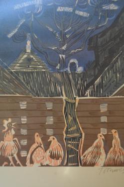 Litho/zeefdruk 'kippen en haan op de boerderij' gesign. gen.