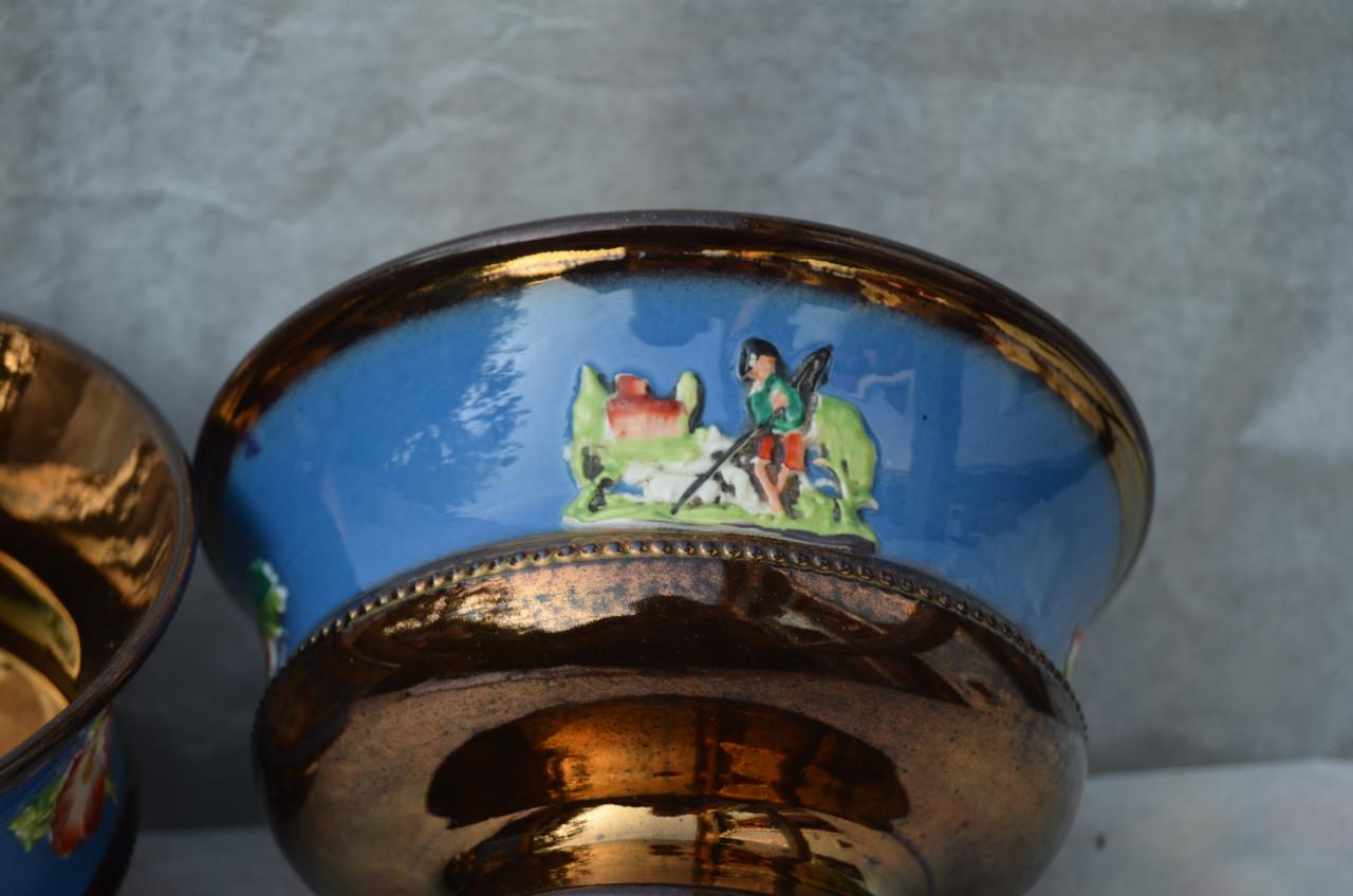 2 Goudsteen kommen Staffordshire ong. 1850 + theepot