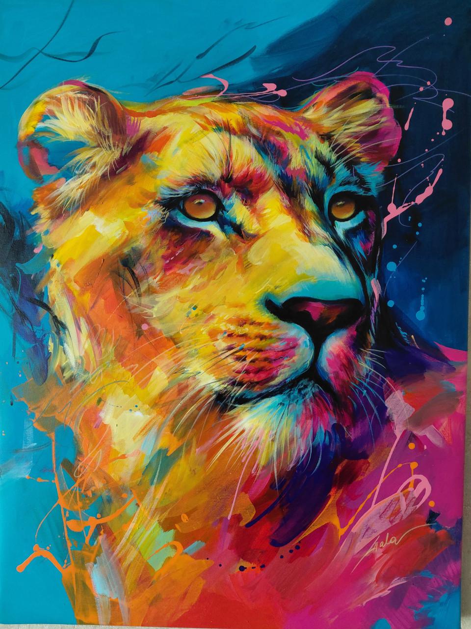 Uniek Acrylschilderij van Galya Bukova : Lioness